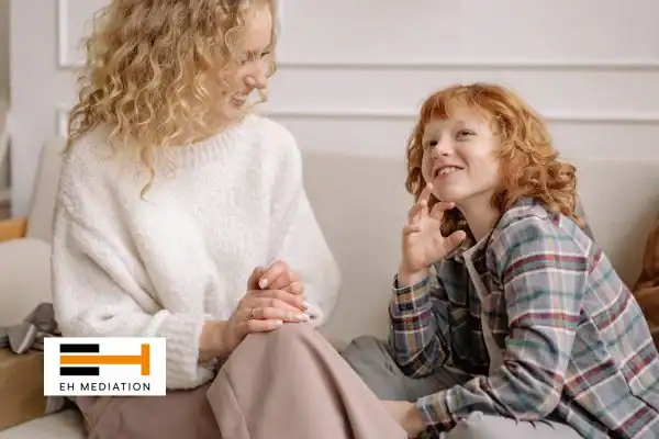 Happy mother and child after sorting child arrangements mediation Crook
